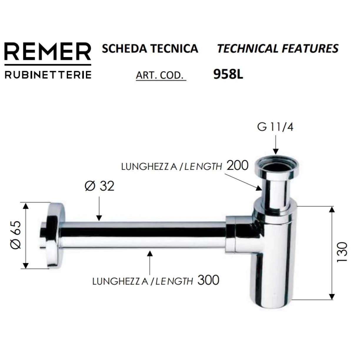 Сифон для раковины Remer 958LBO 1 1/4"-32, белый матовый