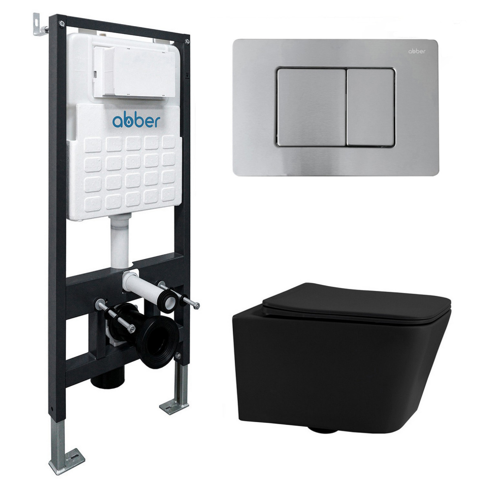 Комплект 3 в 1: Инсталляция Abber AC0105 + Унитаз Rechteck AC1201MB черный матовый + Кнопка смыва AC0120MCH матовый хром