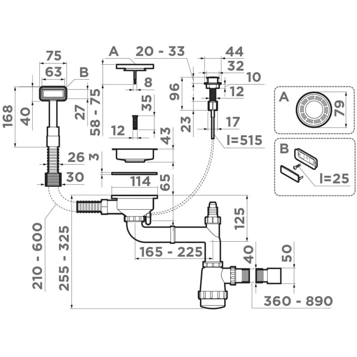 Сифон для кухонной мойки Omoikiri WK-1-A-IN 4956468 3 1/2"-40x40/50, с клапаном-автоматом, нержавеющая сталь