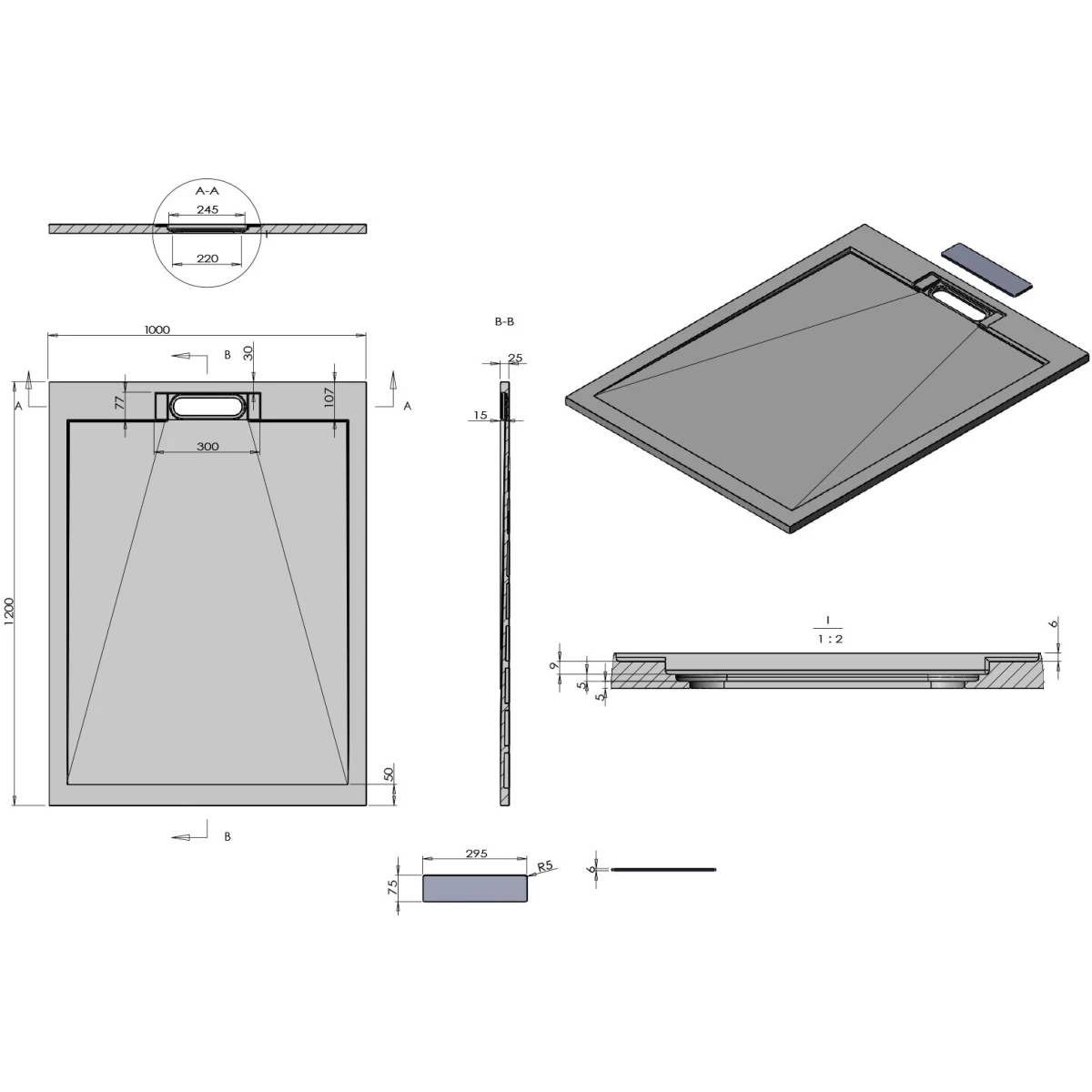 Душевой поддон Vincea VST-4SRL1012G 120x100 см, из литьевого мрамора, прямоугольный, серый