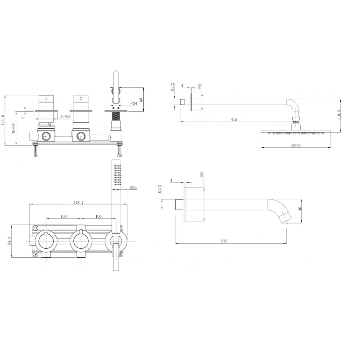 Душевой комплект Abber Wasser Kreis 316 AF8150BG 250 мм, с термостатом, золотой матовый