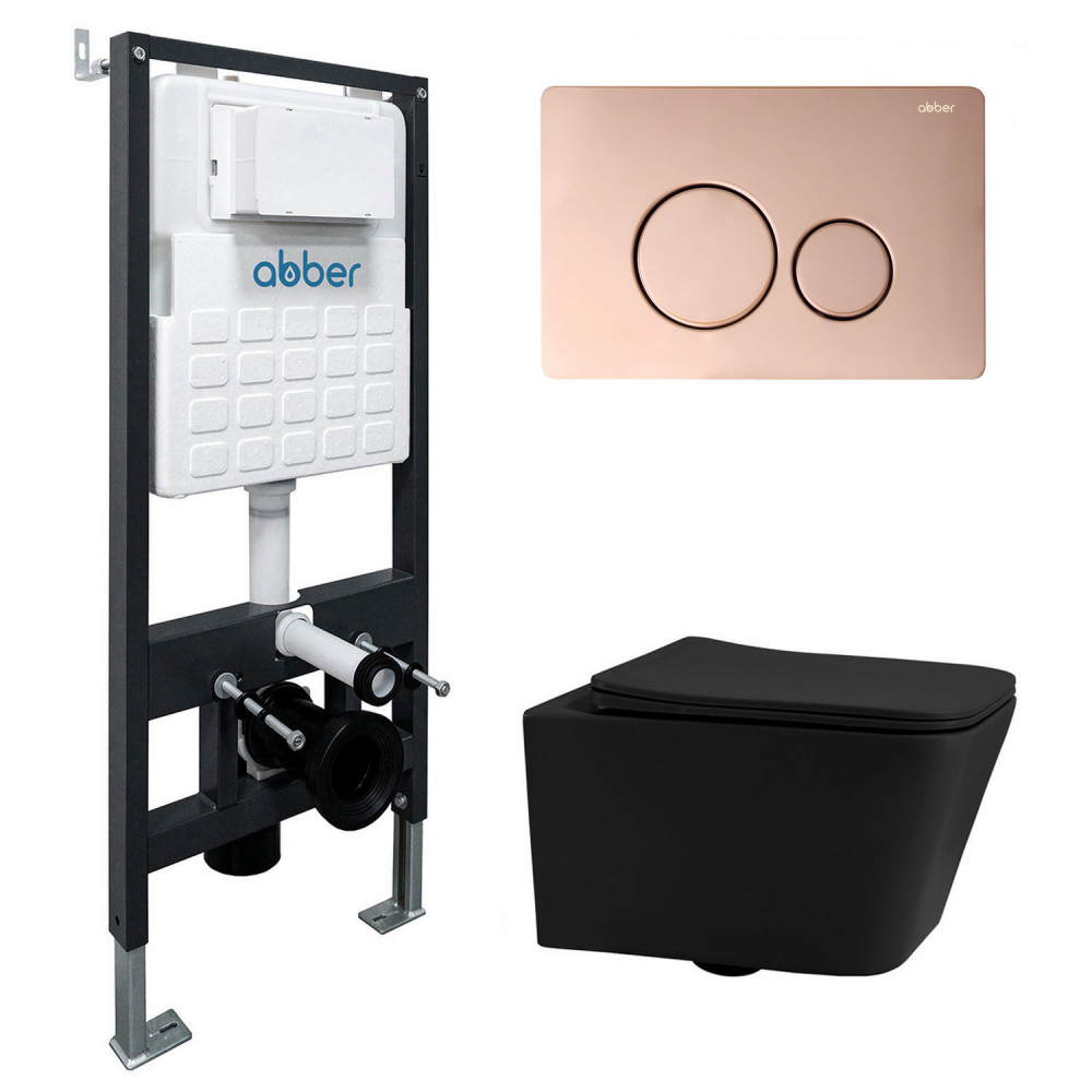 Комплект 3 в 1: Инсталляция Abber AC0105 + Унитаз Rechteck AC1201MB черный матовый + Кнопка смыва AC0121RG розовое золото