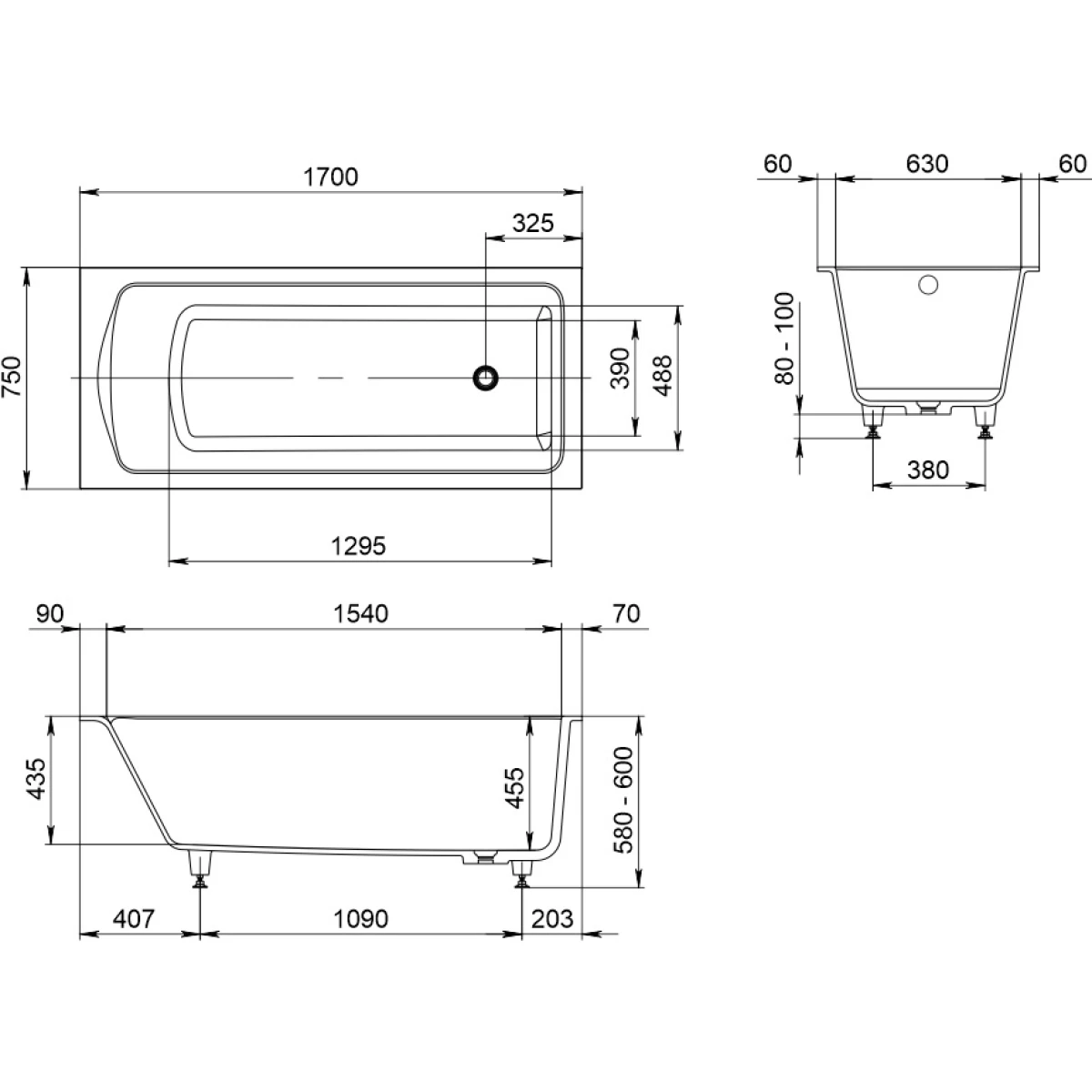 Ванна из литьевого мрамора WhiteCross Cent Solid Surface 0227.170075.200 170x75 см, белый матовый