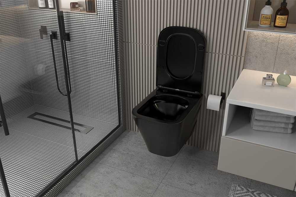 Комплект 3 в 1: Инсталляция Abber AC0105 + Унитаз Rechteck AC1201MB черный матовый + Кнопка смыва AC0121MMG золото матовое