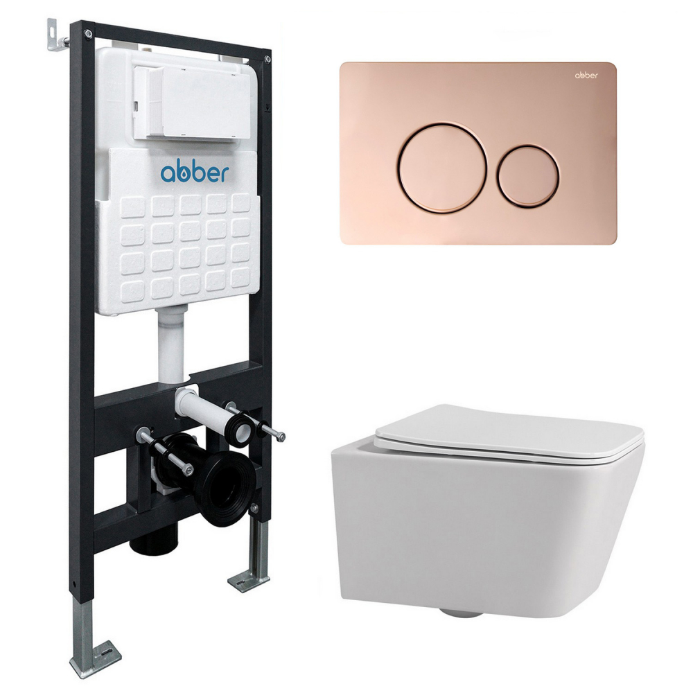 Комплект 3 в 1: Инсталляция Abber AC0105 + Унитаз Rechteck AC1201 белый + Кнопка смыва AC0121RG розовое золото