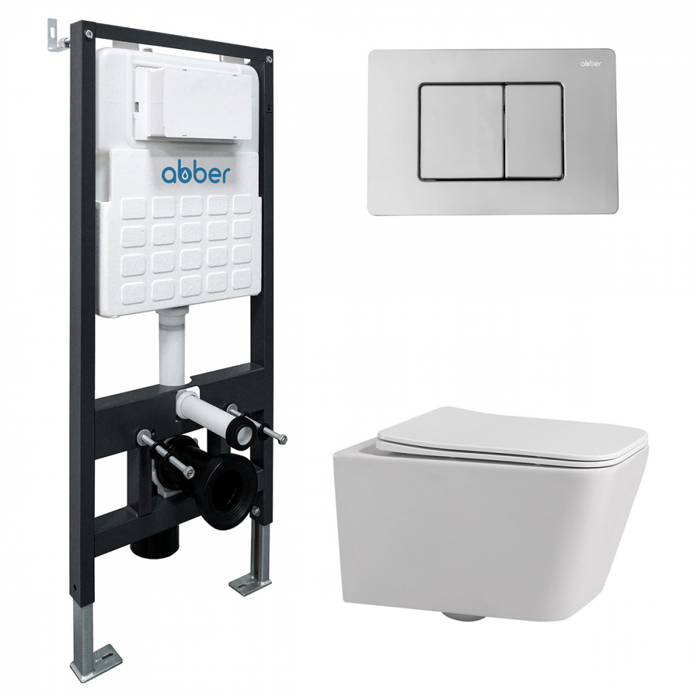 Комплект 3 в 1: Инсталляция Abber AC0105 + Унитаз Rechteck AC1201 белый + Кнопка смыва AC0120 хром