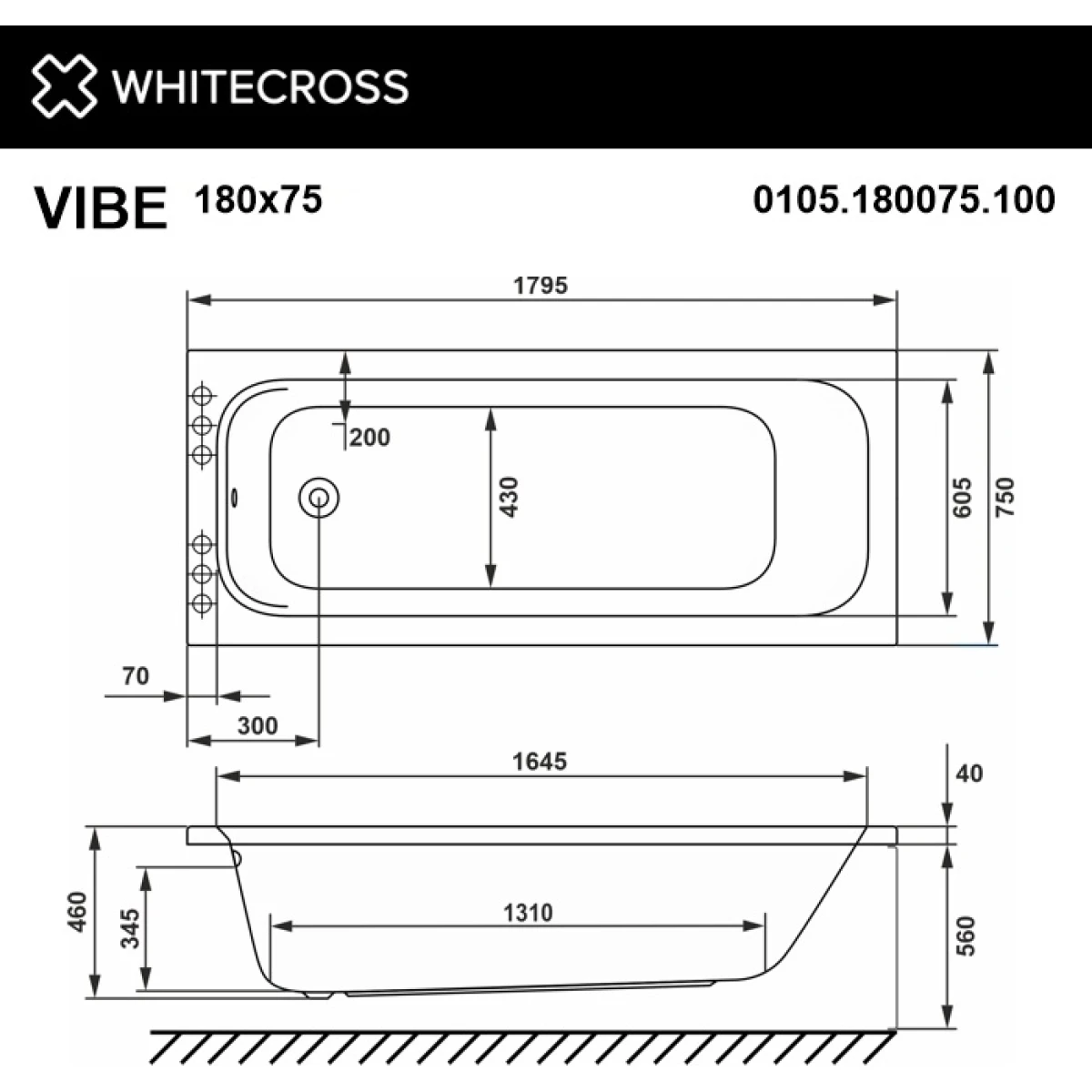 Акриловая ванна WhiteCross Vibe 0105.180075.100.LINENANO.CR 179,5x75 см, с гидромассажем, белый