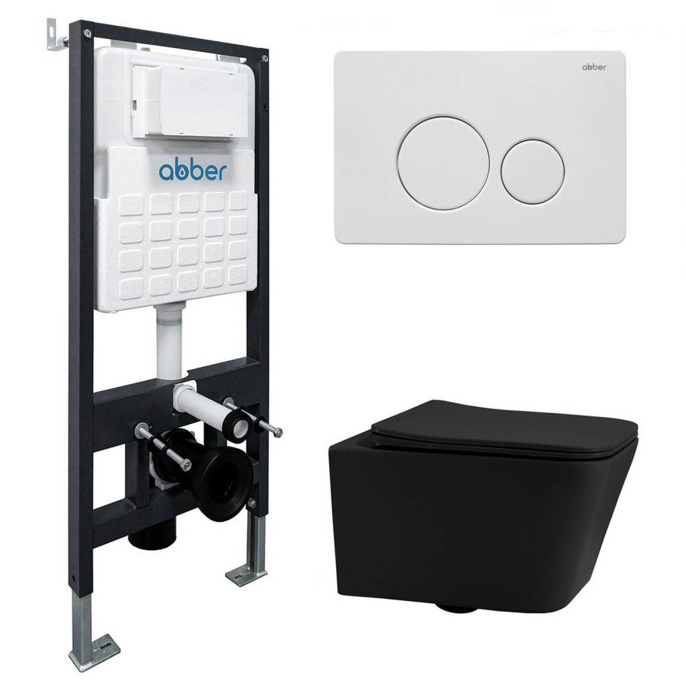 Комплект 3 в 1: Инсталляция Abber AC0105 + Унитаз Rechteck AC1201MB черный матовый + Кнопка смыва AC0121MW белая матовая