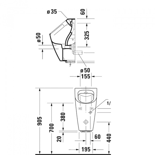 Писсуар электронный безободковый питанием от сети Duravit Me by Starck 2809310091 (в комплекте сифон, блок питания и подвод воды)