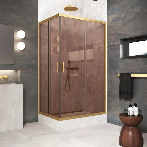 Душевой уголок Vegas Glass ZA-F Protec 90*70 03 05 90x70 см, профиль золотой матовый, стекло бронза