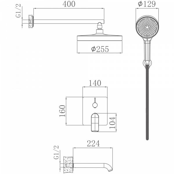Душевой комплект Haiba HB80553-7 скрытого монтажа, с верхним душем и изливом, черный матовый