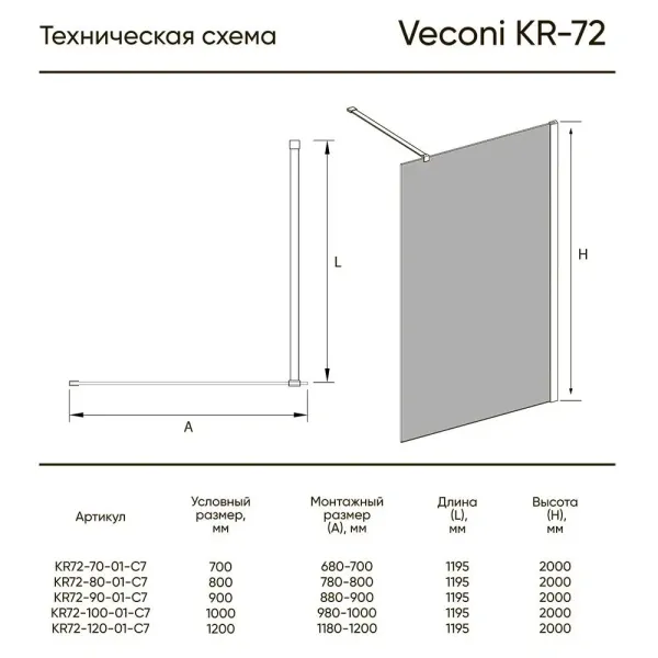 Неподвижная перегородка Veconi Korato KR72-70-01-C7 прозрачное 70 см