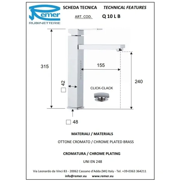 Смеситель для раковины-чаши Remer Qubika Q10LB с донным клапаном, хром