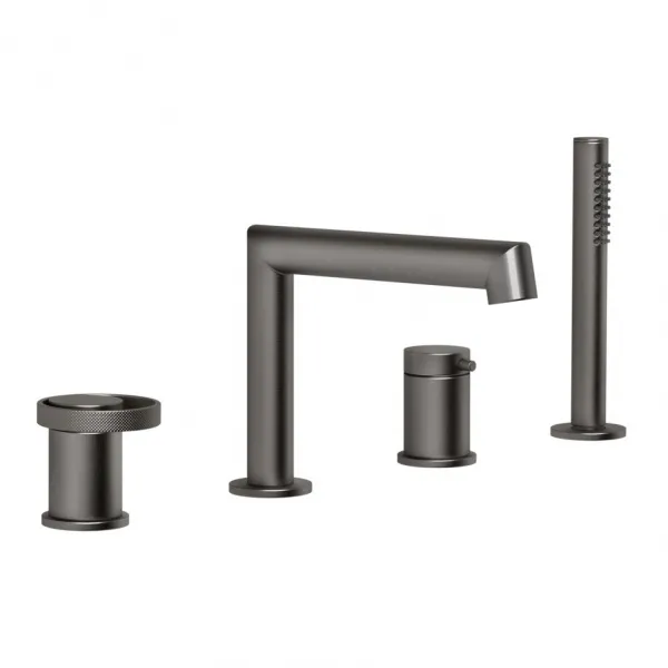 Смеситель на борт ванны Gessi Anello на 4 отверстия, с изливом, переключателем и ручным душем 63337#707, черный металл брашированный PVD