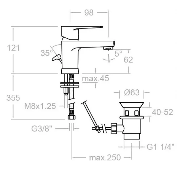 Смеситель для раковины Ramon Soler Titanium 1801VA9065, с донным клапаном