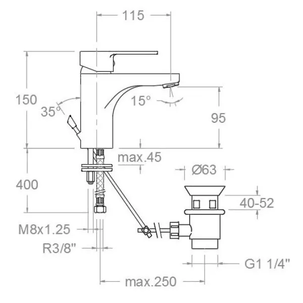 Смеситель для раковины Ramon Soler RS-Q 930102VA1167, с донным клапаном