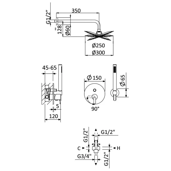 Душевой комплект Cezares Leaf LEAF-DSIP-30-SR 300 мм