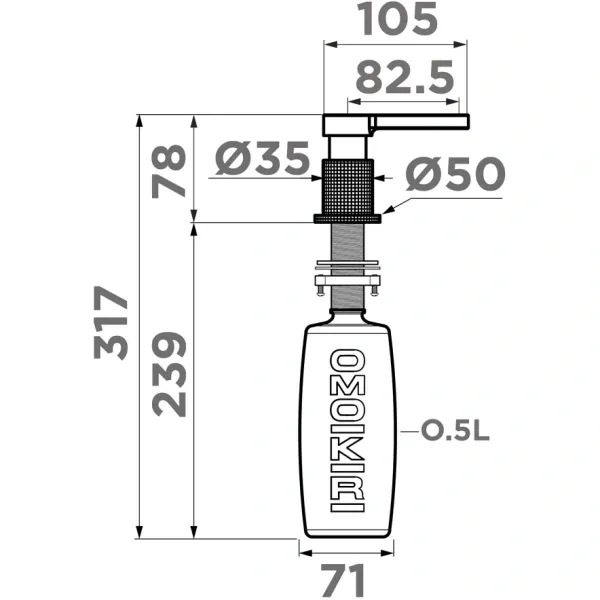 Дозатор для жидкого мыла Omoikiri OM-05-GM 4995080 500 мл, встраиваемый, для кухни, вороненая сталь