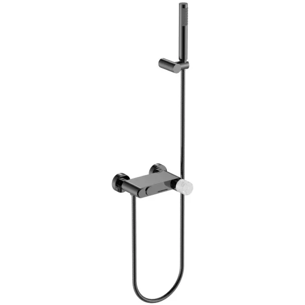 Смеситель для ванны Boheme Stick Mramor Grey 123-SGM-MR-GR с душевым гарнитуром, оружейная сталь глянец/серый мрамор